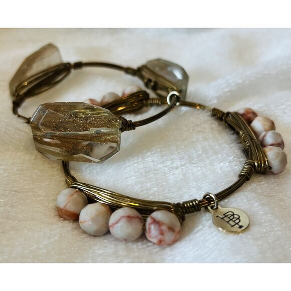 2 Bourbon & Bowties Gold Stone Bangle Bracelet Quartz Jasper Boho Wire Wrapped - Picture 4 of 13